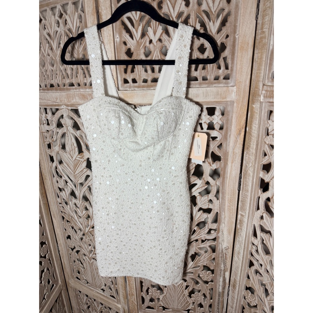 City Studio Ivory White Sequin Bodycon Mini Dress Sweetheart Neck 3/4 NEW - Picture 2 of 9
